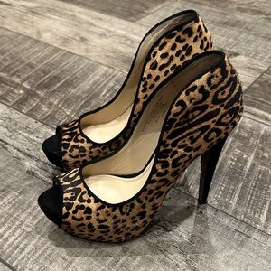 Classiques Entier Leopard Print Calf Hair Peep Toe Heels 7.5